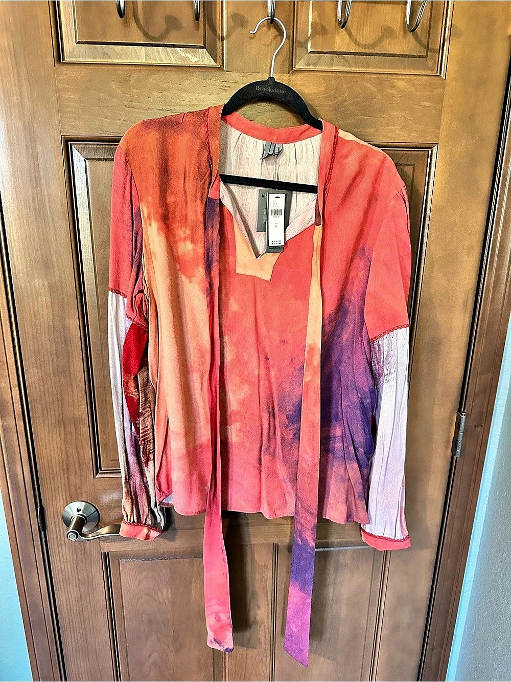 {{NWT}} Anthropologie Abstract Tie Neck Blouse in Sunset Colors Size Large